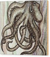 Gray Beige Watercolor Octopus Beach Art Wood Print