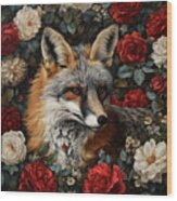 Gray Fox And Roses Wood Print