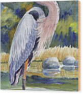 Great Blue Heron In A Stream Ii Wood Print