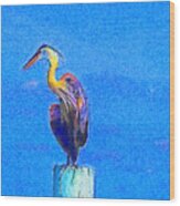 Great Blue Heron On Pier Left Wood Print