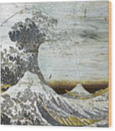 Great Wave Japanese Outline Hokusai Metallic Wood Print