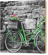 Green Bicycle With Flowers Wood Print