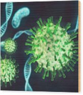 Green Coronavirus Cells With Dna Extreme Close Up On Dark Background Wood Print