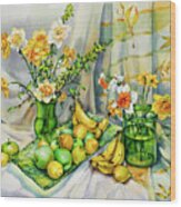 Green Yellow Still Life With Daffodils Wood Print