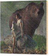Grizzly Bear And Girl In A Nightgown Wood Print