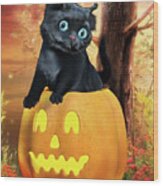 Halloween Black Kitten And Pumpkin Wood Print