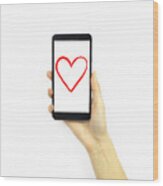 Hand Holding A Phone With A Heart On It Wood Print