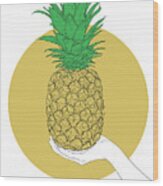 Hand Holding Pineapple - Line Art Graphic Illustration Artwork Wood Print