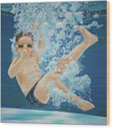 Hang Loose Boy Underwater Swimming Painting By Linda Queally Wood Print