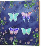 Happy Free Flight Of Four Beautiful Light Butterflies Watercolor Wood Print