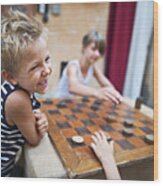 Happy Kids Playing Checkers In The Street Wood Print