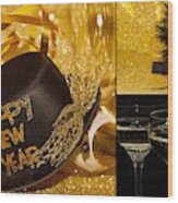 Happy New Year Hat And Champagne Wood Print