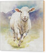 Happy Watercolor Sheep In Spring 01 Wood Print