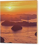 Hazy Sunset On Kurushima Kaikyo Bridge And Kurushima Strait Wood Print