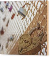 Heart Shaped Skull Padlock On Love Locks Bridge Wood Print
