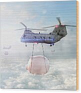 Helicopters Carrying Piggy Banks Over Clouds Wood Print