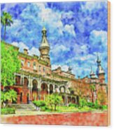 Henry B. Plant Museum In Tampa, Florida - Pen And Watercolor Wood Print