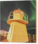 Hofoi Lighthouse Northern Lights On The Reykjavik Waterfront Iceland Streak Wood Print