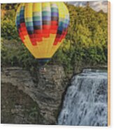 Hot Air Ballooning Over The Middle Falls At Letchworth State Par Wood Print