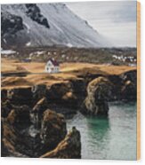 Iceland Landscape In Winter At Arnarstapi Village. Wood Print