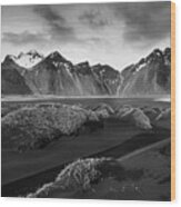 Black And White Icelandic Mountain Landscape, Vestrahorn Black Mountains Iceland Wood Print