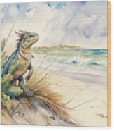 Iguana At Beach Wood Print