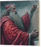 Illustration Of Moses With The 10 Commandments Tablet Wood Print