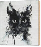 Ink Portrait Of A Feline Black Cat Wood Print