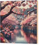 Japan Cherry Blossoms, A Serene Scene Along River In Kyoto Wood Print