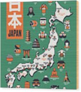 Japan Map - Outline Green Wood Print