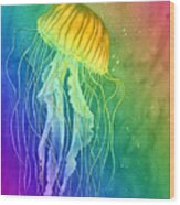 Jellyfish On Rainbow Wood Print