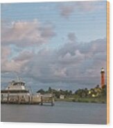 Jupiter Lighthouse And Blue Heron Ii Charter Boat Wood Print