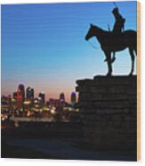 Kansas City Skyline And The Scout Silhouette Wood Print