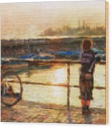 Kids By Lake Constance At Sunset Wood Print