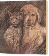 Kitten And Golden Retriever Pup Pals Wood Print
