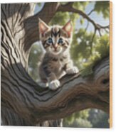 Kitten In A Tree Wood Print