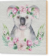 Koala With Flowers Wood Print