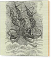 Kraken On Antique French Book Page Wood Print