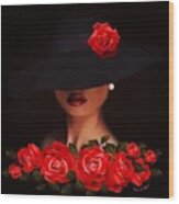 Lady And Red Roses 2 Wood Print