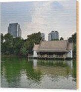 Lake And House With Skyline At Lumphini Park Bangkok Thailand Wood Print