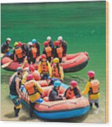 Large Group Of Men And Women Boarding Rafts To Go White Water River Rafting Wood Print