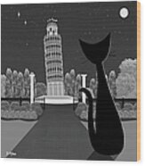 Leaning Tower Of Pisa Cat Wood Print