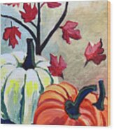 Leaves And Pumpkins Wood Print