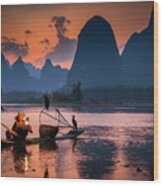 Li River Twilight Glow Wood Print