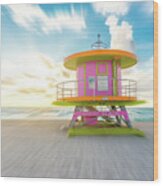 Lifeguard Hut On The Beach In Miami Florida With Motion Blur Effect Wood Print
