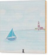 Lighthouse, A Sailboat And A Cat On The Beach Wood Print