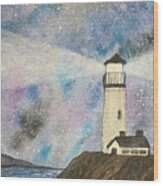 Lighthouse At Night Wood Print