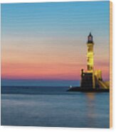 Lighthouse Of Chania In Crete At Sunset Wood Print