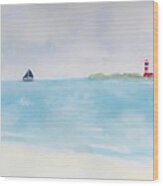 Seascape With Lighthouse, Sailboat And Seal Wood Print