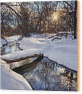 Like A Bridge Over Troubled Waters - Fresh Wi Snowscape With Trout Creek And Log Bridge Wood Print